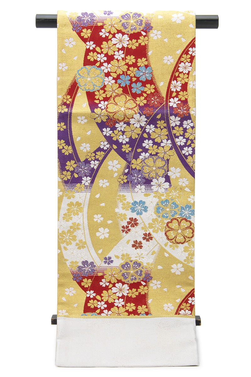 袋帯 振袖用 未仕立て 大光謹製 訳あり 金色 ゴールド 生成り 紫 桜 花