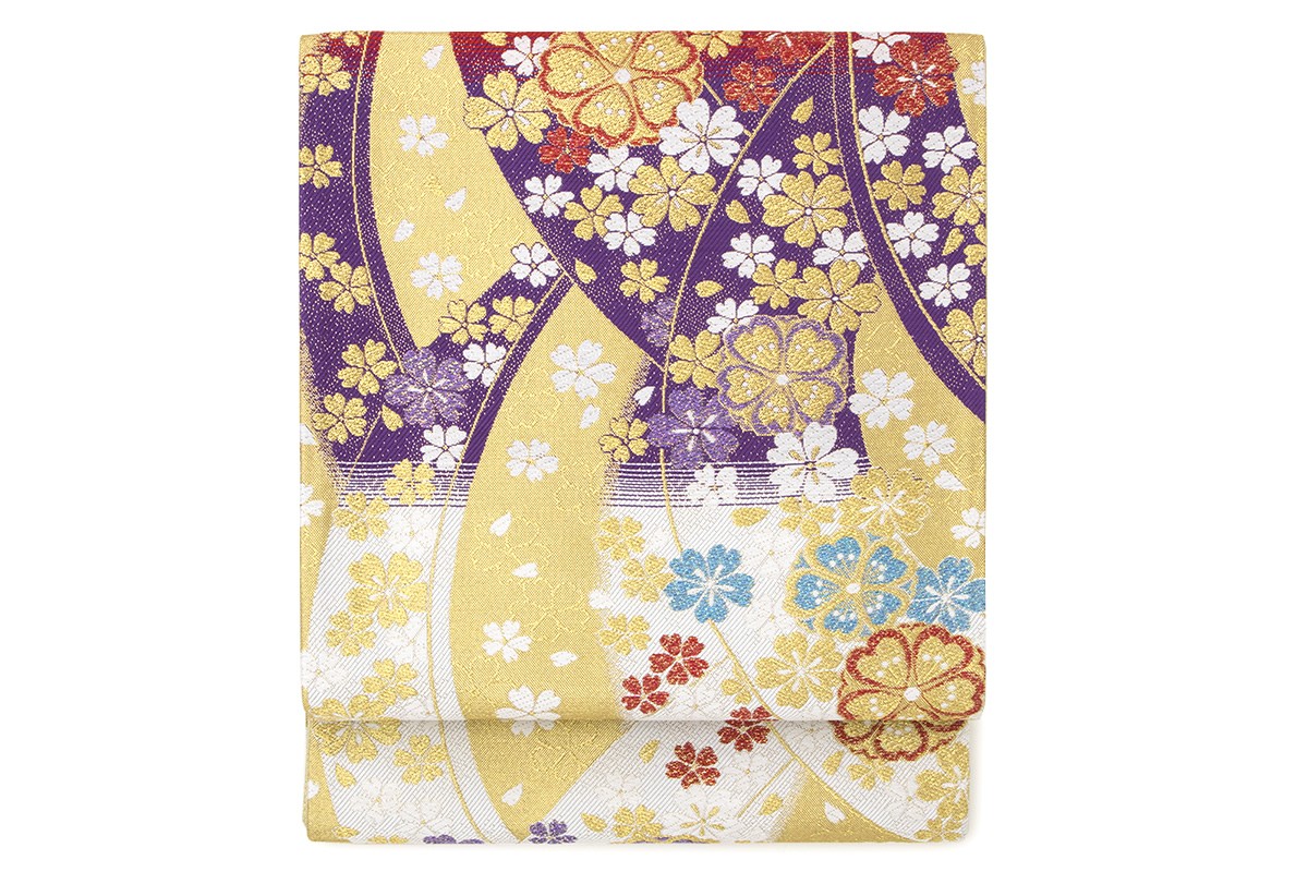 袋帯 振袖用 未仕立て 大光謹製 訳あり 金色 ゴールド 生成り 紫 桜 花