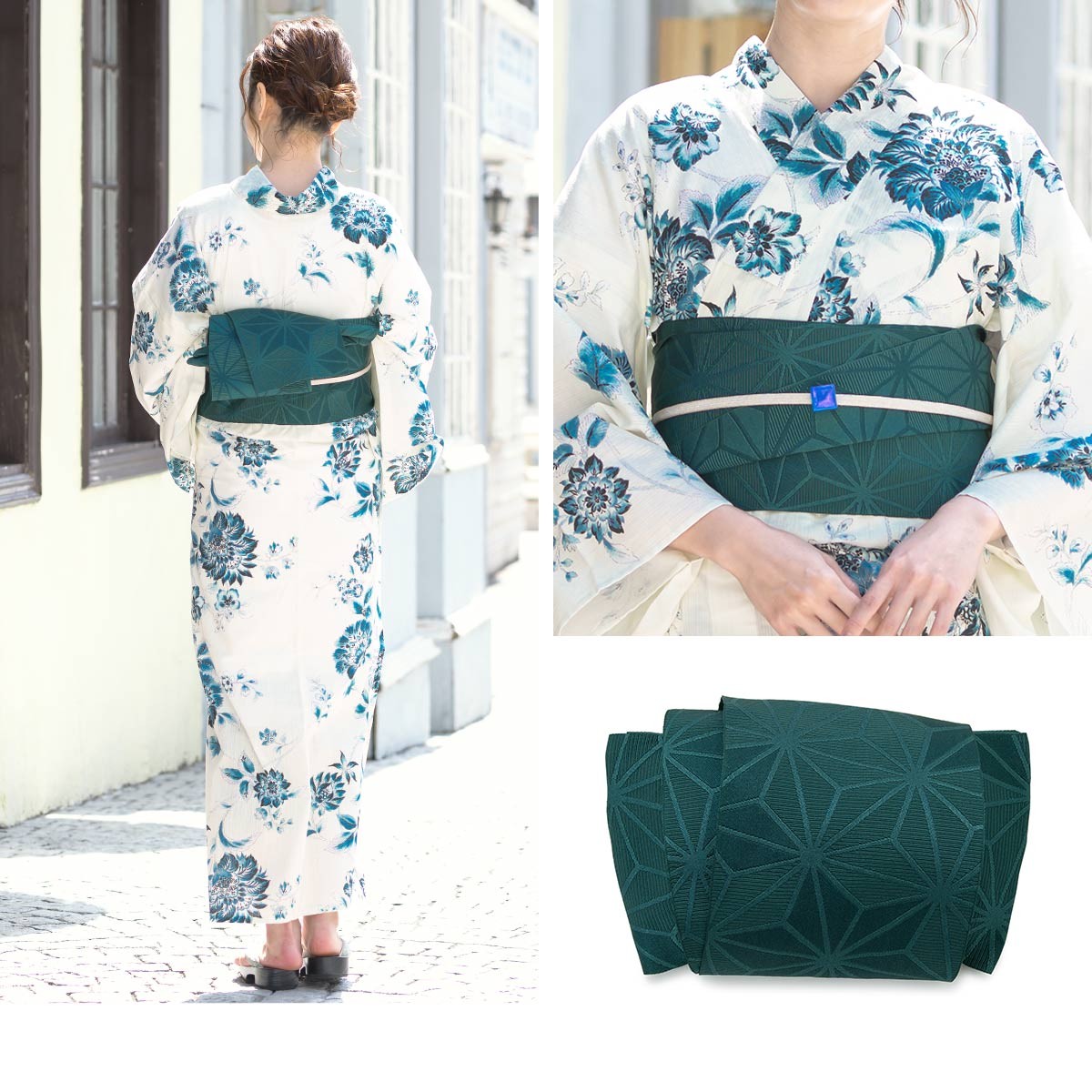 黒白花柄浴衣・帯・バッグセット 浴衣 3点セット（浴衣/半幅帯/下駄） 白 ホワイト 青 ブルー 花
