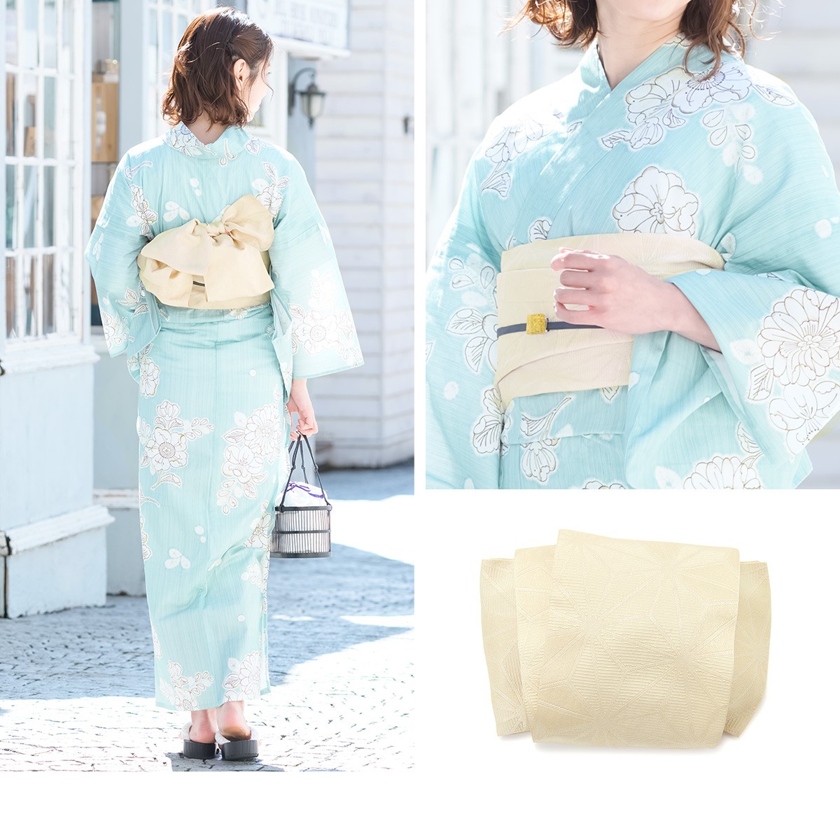 浴衣 3点セット（浴衣/半幅帯/下駄） ブルー 水色 辻が花調 花
