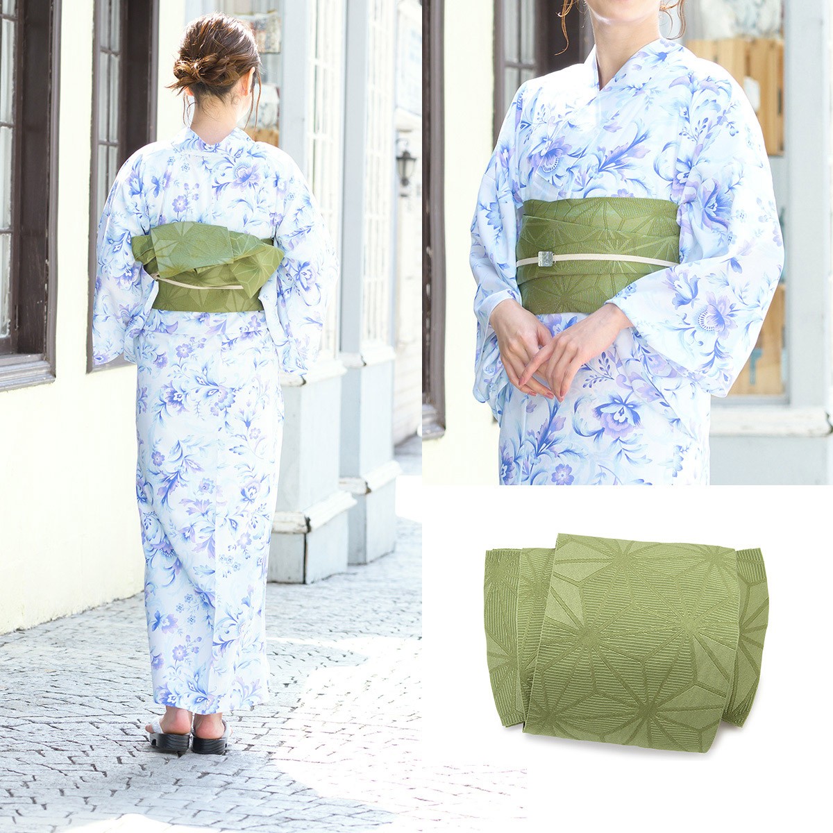 浴衣 3点セット（浴衣/半幅帯/下駄） ホワイト 白 青 紫 花唐草