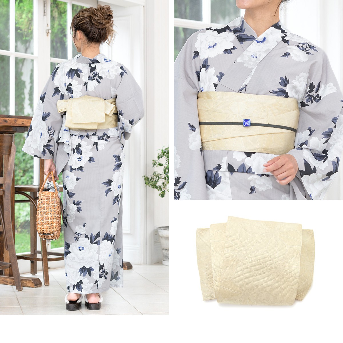 浴衣 3点セット浴衣/半幅帯/下駄 灰色 白 牡丹 浴衣セット S