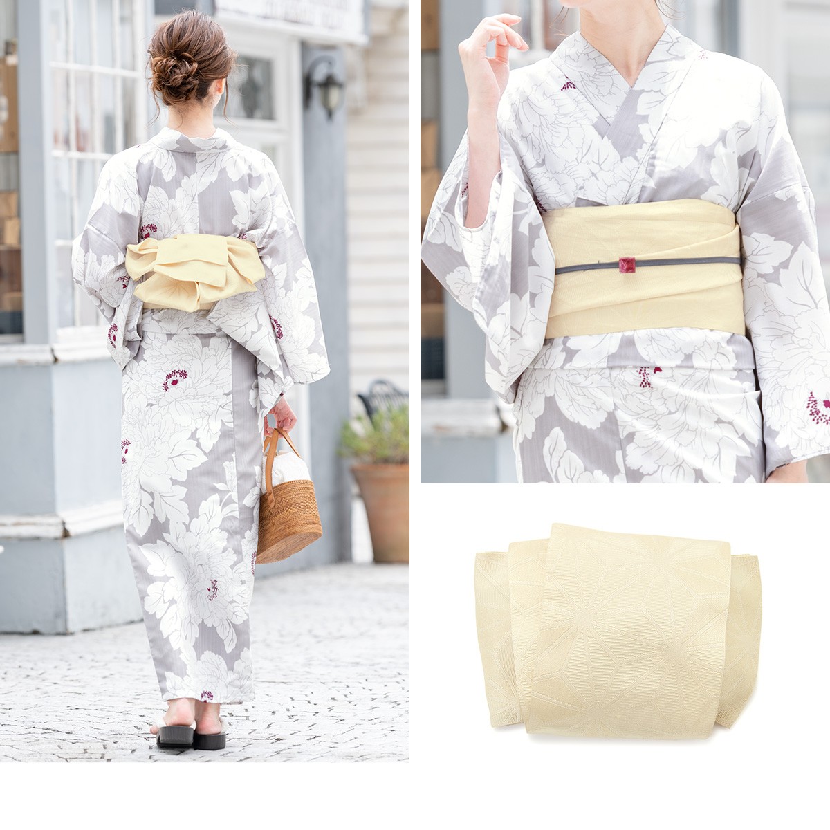 お任せ白半幅帯+お任せ帯じめ+お任せ下駄つき★高級変わり織り浴衣★優美な金魚柄 浴衣 3点セット（浴衣/半幅帯/下駄） 白 灰色系 牡丹 花 大柄