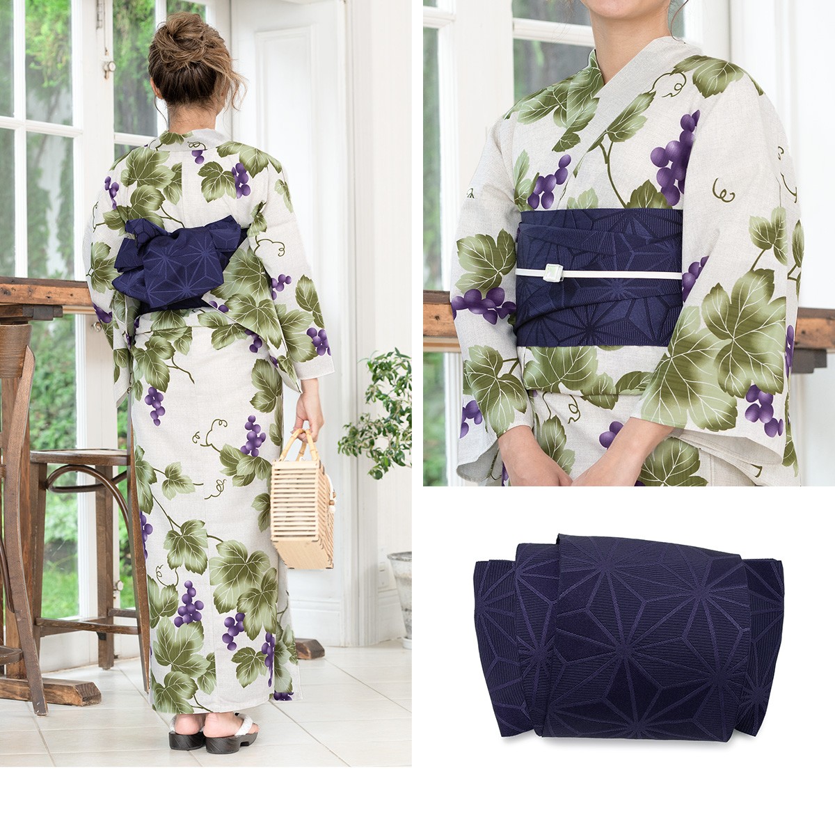 浴衣 3点セット（浴衣/半幅帯/下駄） ベージュ 薄茶色 緑 紫