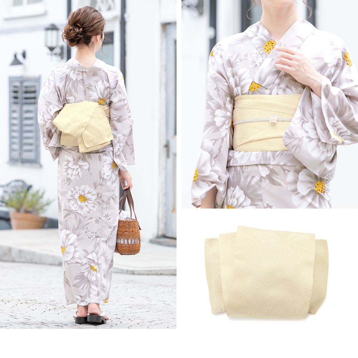 浴衣 3点セット（浴衣/半幅帯/下駄） グレー系 灰色系 白 牡丹