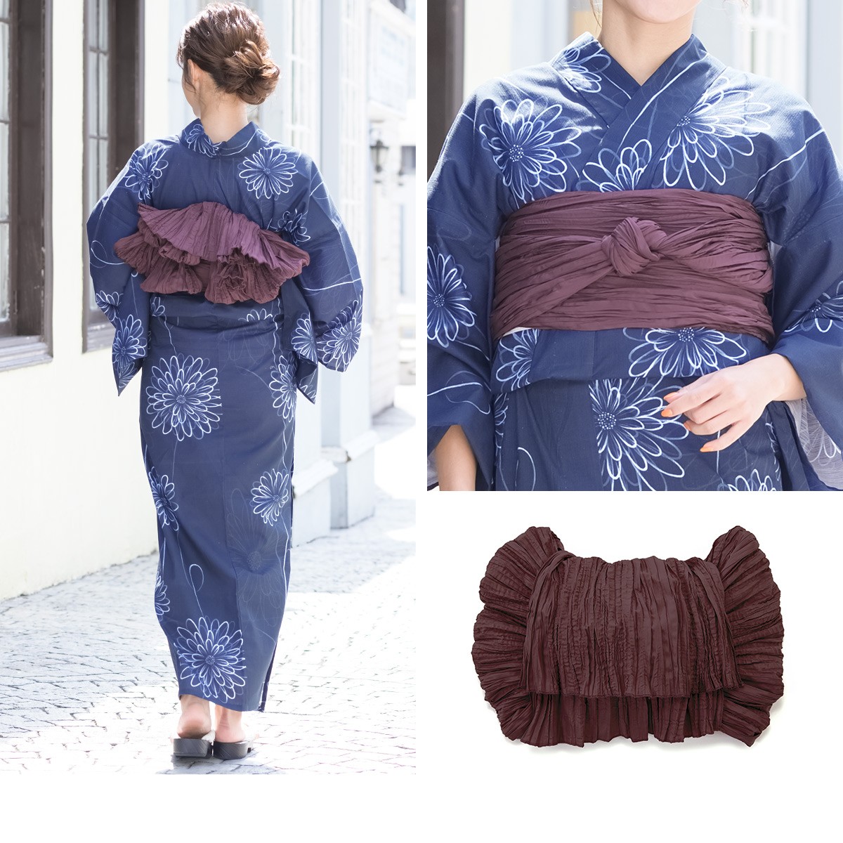 浴衣 3点セット（浴衣/兵児帯/下駄） 紺 ネイビー 菊 キク 花