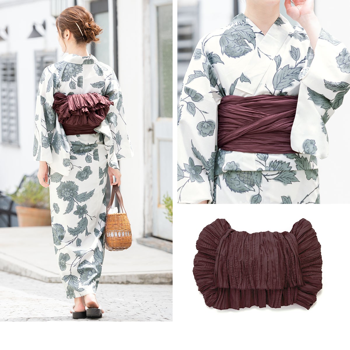 浴衣 3点セット（浴衣/兵児帯/下駄） 白 灰色 牡丹 ダリア 花