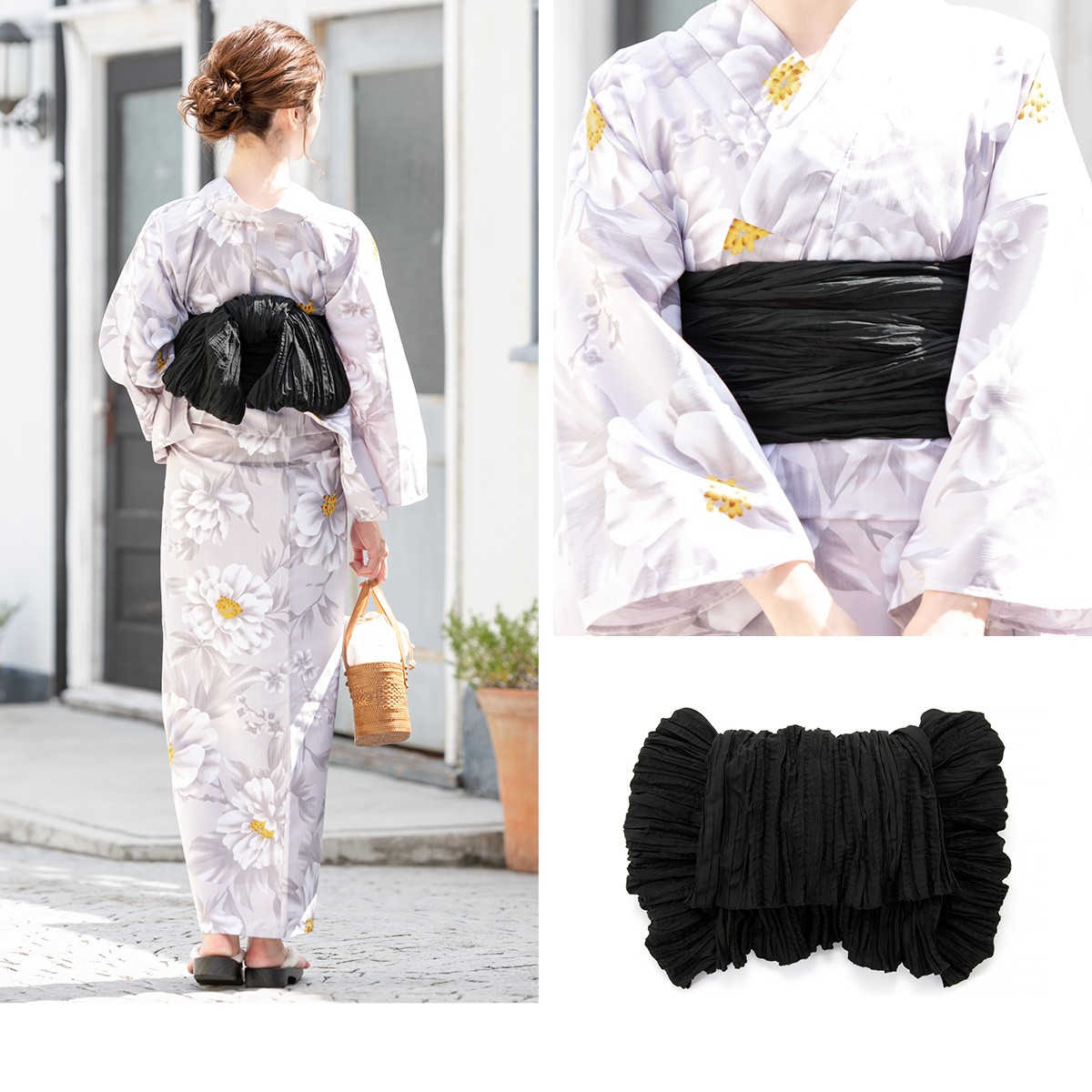 浴衣 3点セット（浴衣/兵児帯/下駄） グレー系 灰色系 白 牡丹