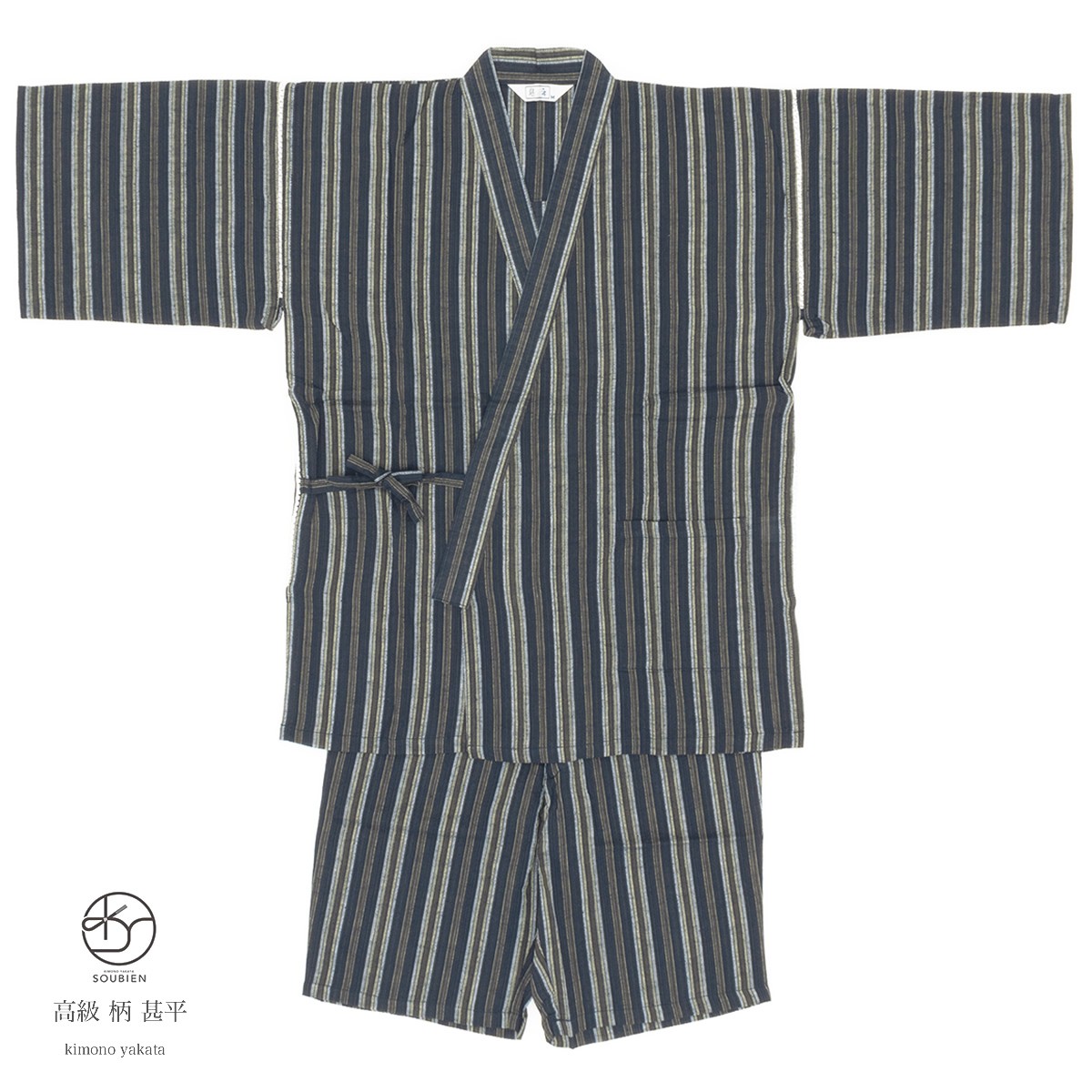 甚平 メンズ おしゃれ 父の日 紺 ネイビー 茶 縞 ストライプ 綿 しじら織り 手タコ糸仕立て 夏祭り 花火大会 男性用 カジュアル Mサイズ zinm128y_1.jpg