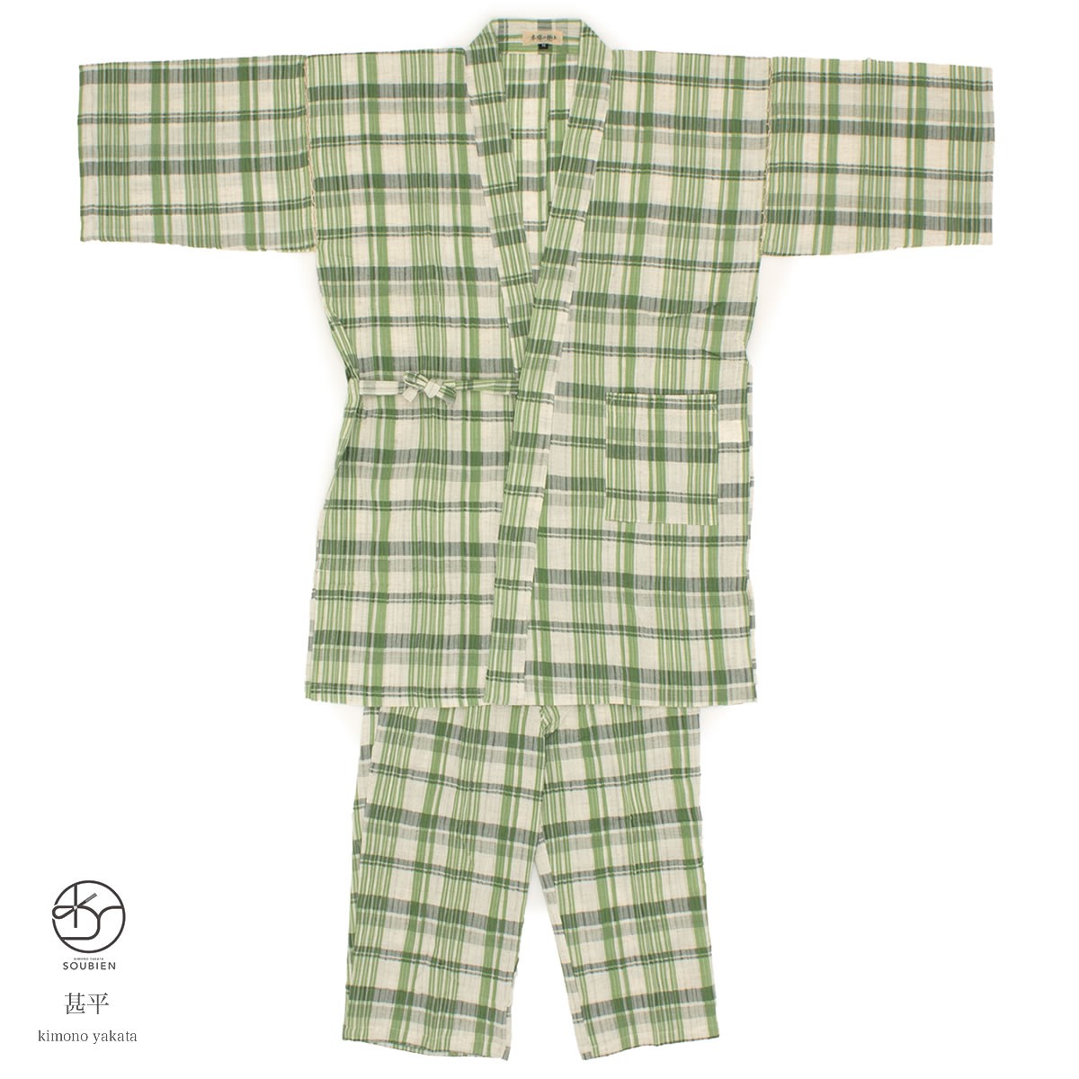 甚平 メンズ おしゃれ 父の日 緑 グリーン 白 ホワイト 格子 チェック 麻混紡 しじら織り 手タコ糸仕立て 夏祭り 花火大会 男性用 カジュアル M L LL SOUBIEN（創美苑） メンズ甚平 緑 グリーン 白 ホワイト 格子 チェック