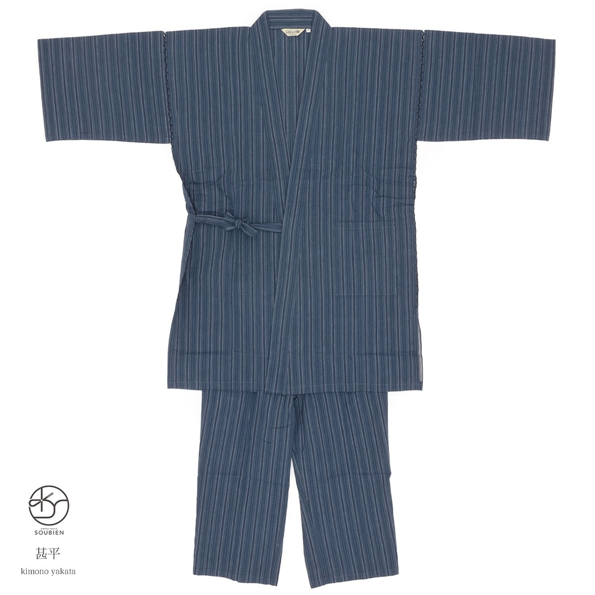SOUBIEN（創美苑） メンズ甚平 紺 ネイビー 青 白 縞 ストライプ 綿 し