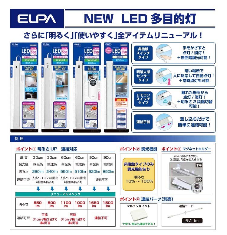 ELPA エルパ LEDバーライト(多目的灯) 30cmコンセント式 昼光色 エルパ(ELPA) 多目的灯 バーライト USB電源 手かざし式 非接触 30cm