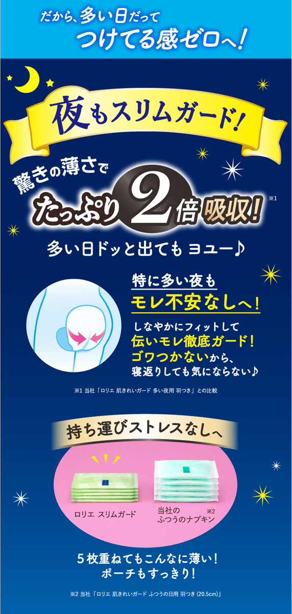 Y未使用保管品 花王　ロリエ　オーバーナイト　ナプキン　多い夜　羽なし　25㎝S 花王 ロリエ スリムガード 特に多い夜用 羽つき 40cm 11個入 [医薬部外
