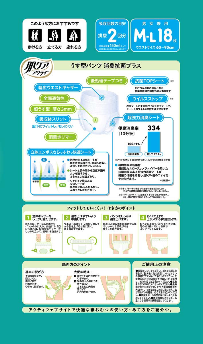 肌ケアアクティ 大人用おむつ うす型パンツ 消臭抗菌プラス 約2回分