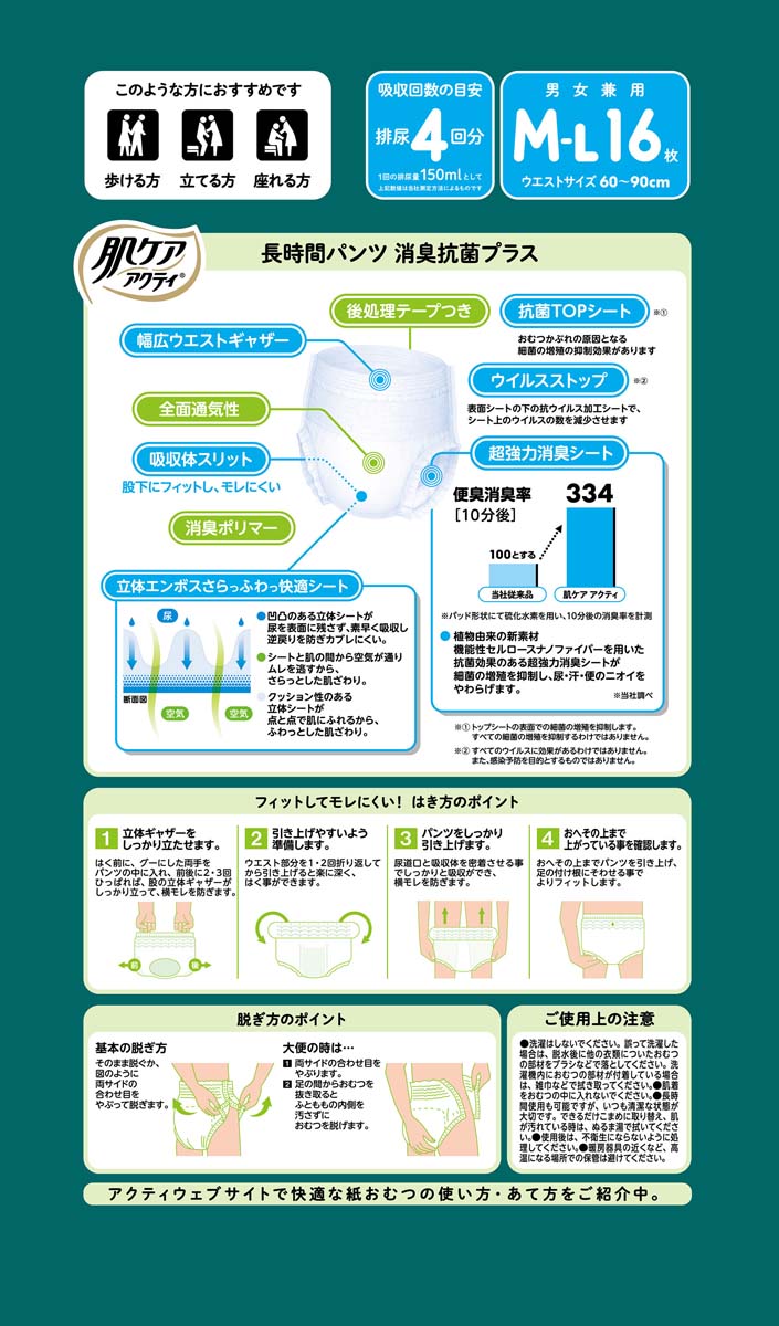 肌ケアアクティ 大人用おむつ 長時間パンツ 消臭抗菌プラス 約4回分