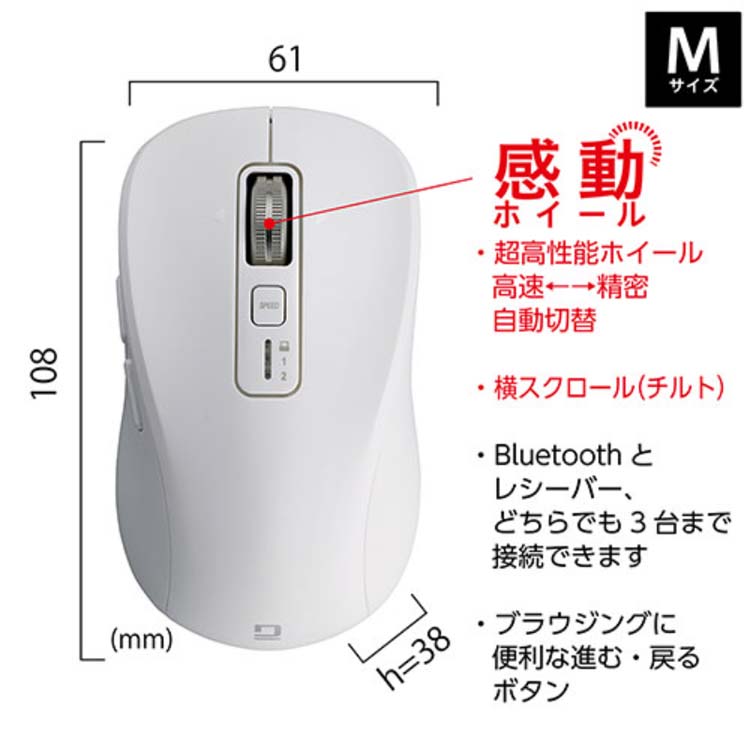 Digio 感動ホイールマウス Bluetooth・USB無線 Mサイズ ホワイト MUS