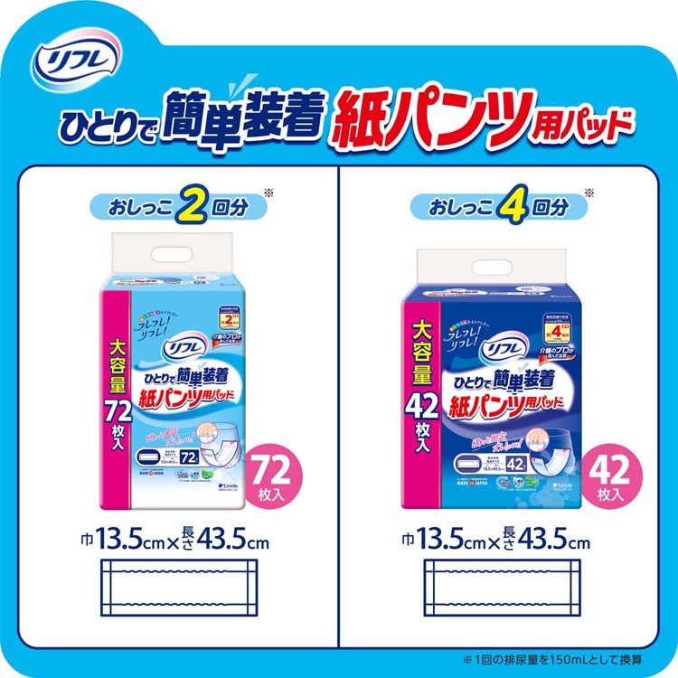 リフレ ひとりで簡単装着 紙パンツ用パッド 2回吸収 ( 72枚入 )/ 尿