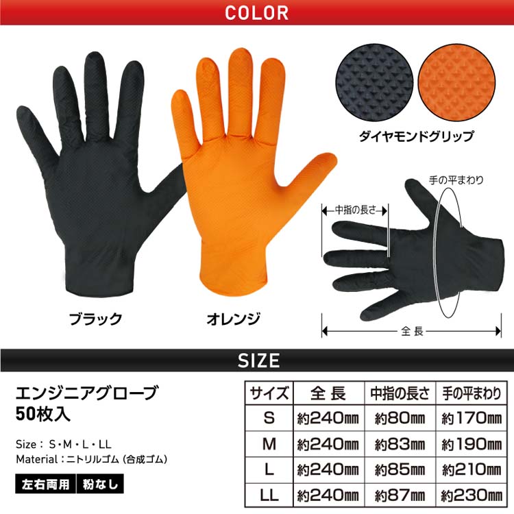 エンジニア グローブ ニトリル薄手袋 粉なし 左右両用 ブラック M