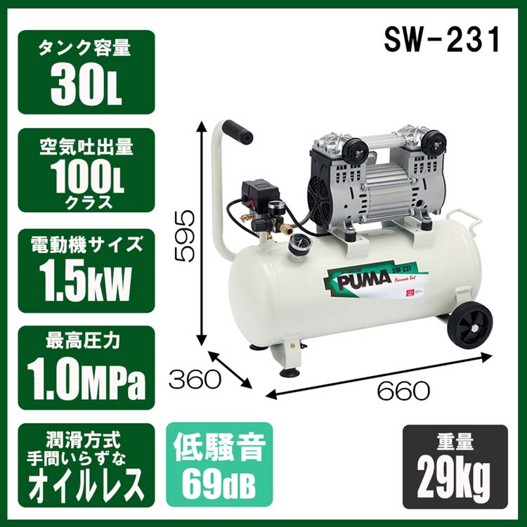 SK11 オイルレスエアコンプレッサー 100V 8L SW-231 SW-L30LPF-01 ( 1