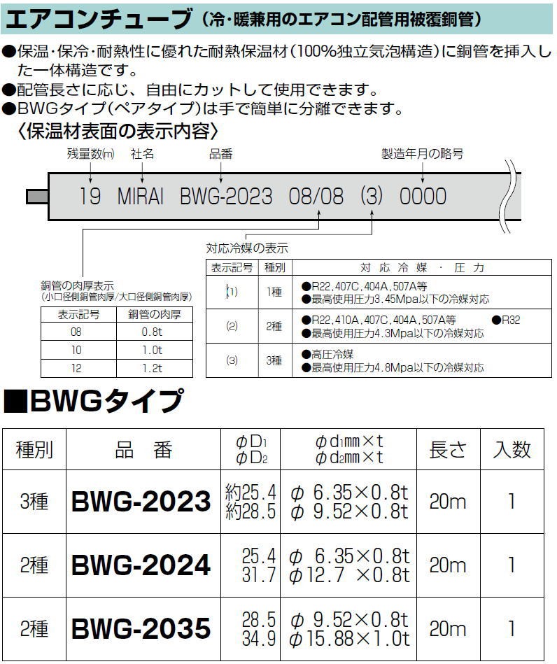 エアコンチューブ 3種 BWG-2023 BWGタイプ 未来工業 MIRAI : bwg-2023