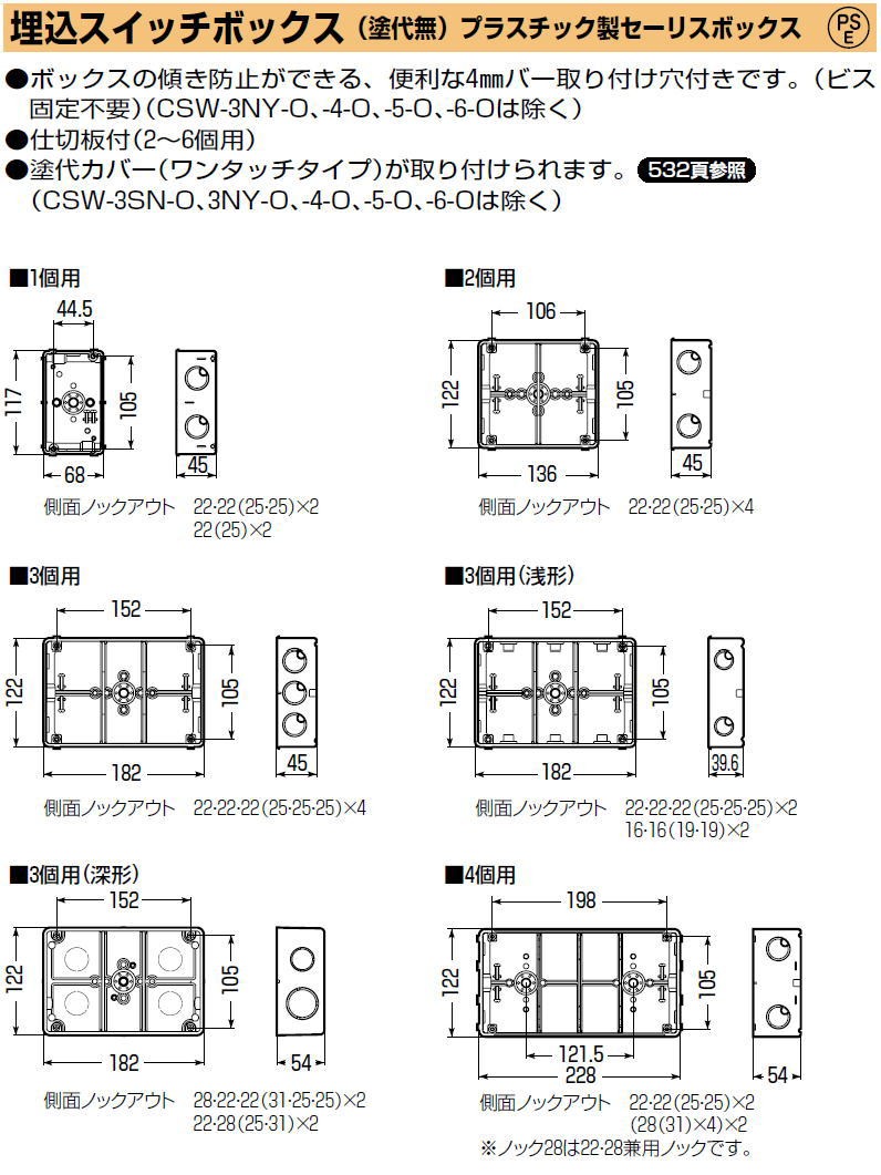 埋込スイッチボックス(塗代無) 5個用 CSW-5-O 未来工業 MIRAI