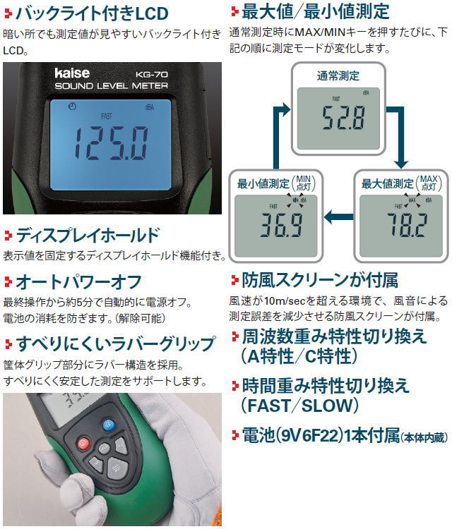 デジタル騒音計 KG-70 kaise カイセ KG70 : kg-70-kaise : 創工館