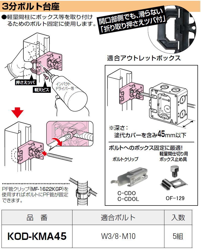 未来工業 3分ボルト台座 5組 KOD-KMA45 MIRAI : 創工館 - 通販