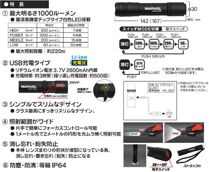 マーベル LEDハンディライト USB充電式 MLED-1000 MARVEL MLED1000