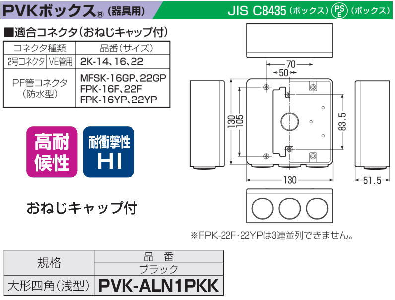 未来工業 PVKボックス 大形四角(浅型) ブラック 1ヶ おねじ