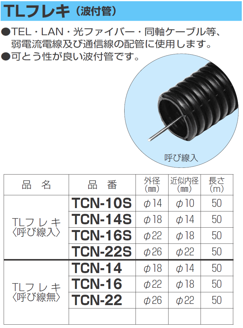 TCN-14S 未来工業 TLフレキ〈波付TLチューブ〉呼び線入 - 電設資材
