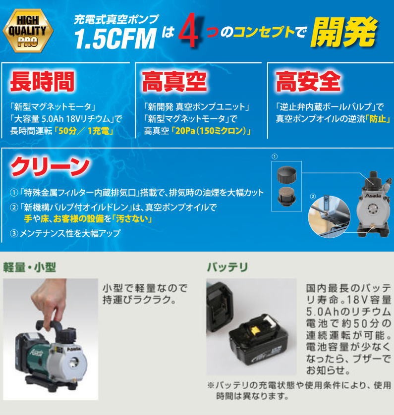 充電式真空ポンプ1.5CFM-BL(バッテリー付・ケース付) VP151L アサダ