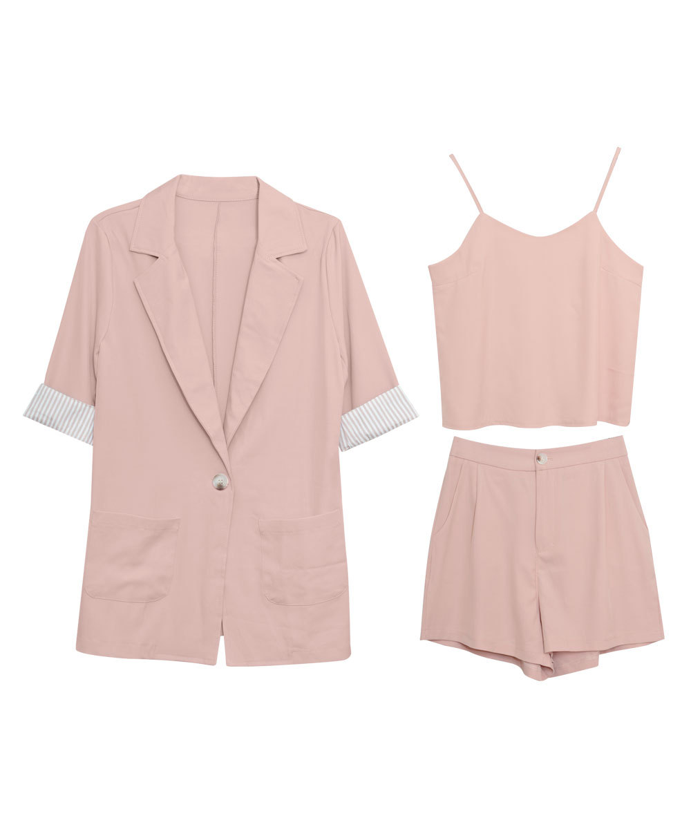 セットアップ レディース スーツ 春 夏 春夏 黒 ジャケット 3点セット 上下セット ショート キャミソール ブラック ベージュ ピンク キャメル 20代