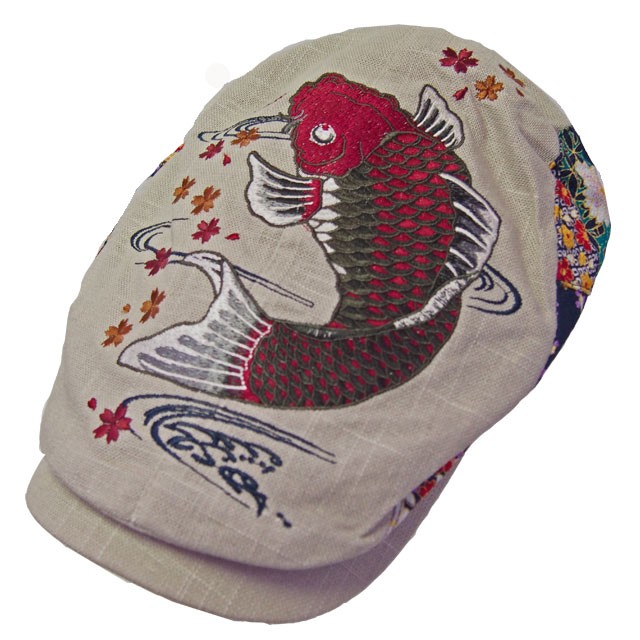 和柄 ハンチング メンズ　和柄 帽子 ネイビー ブラック　ベージュ　紅鯉　刺繍
