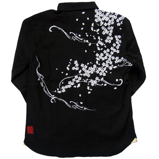 絡繰魂 桜流水 シャツ 和柄 刺繍 233082 ホワイト ブラック ベージュ　