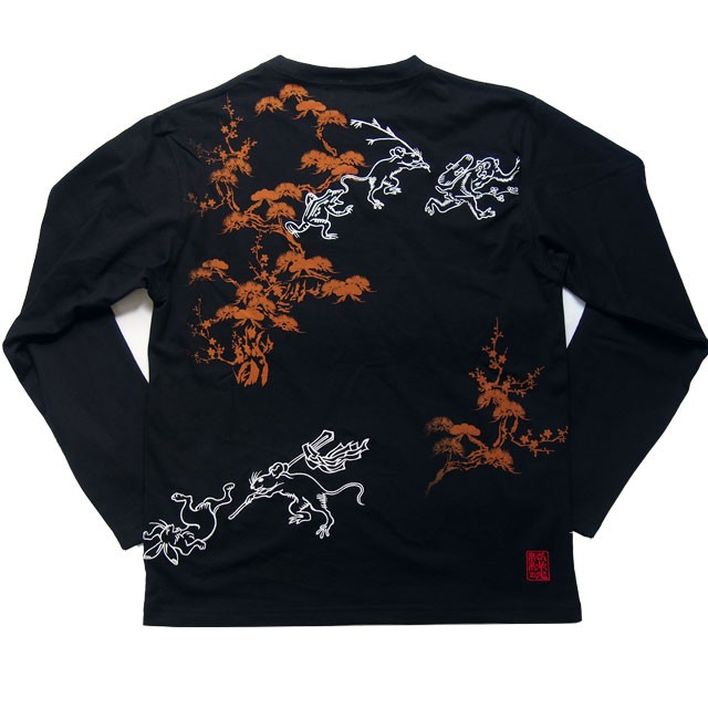 和柄ｔシャツ 絡繰魂  鳥獣戯画 刺繍 ロンT　tシャツ メンズ 黒 白201058