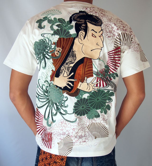 和柄ｔシャツ 絡繰魂 浮世絵刺繍「東洲斎 写楽」半袖Tシャツ　tシャツ メンズ 黒 白 292020 SHARAKU