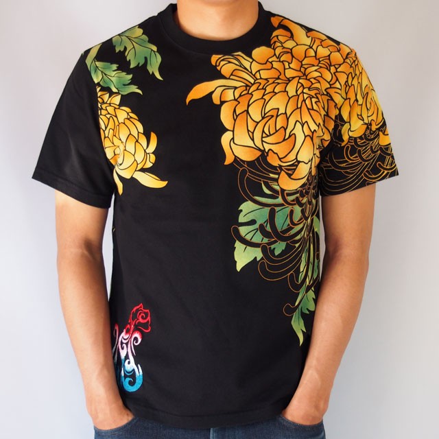 和柄Tシャツ 錦 菊抜染プリント トライバル 猫Tシャツ 半袖Tシャツ