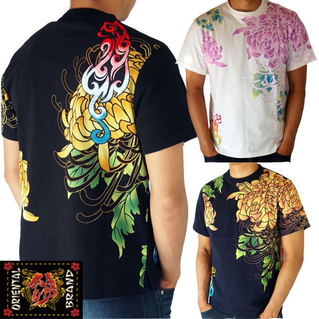 和柄Tシャツ 錦 菊抜染プリント トライバル 猫Tシャツ 半袖Tシャツ