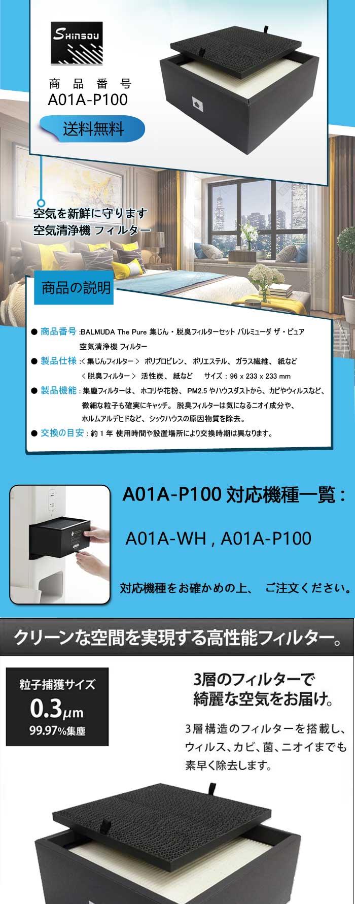 BALMUDA The Pure A01A-P100 集じん・脱臭フィルターセット バルミューダ ザ・ピュア 空気清浄機 フィルター。1セット「互換品」  空気清浄機