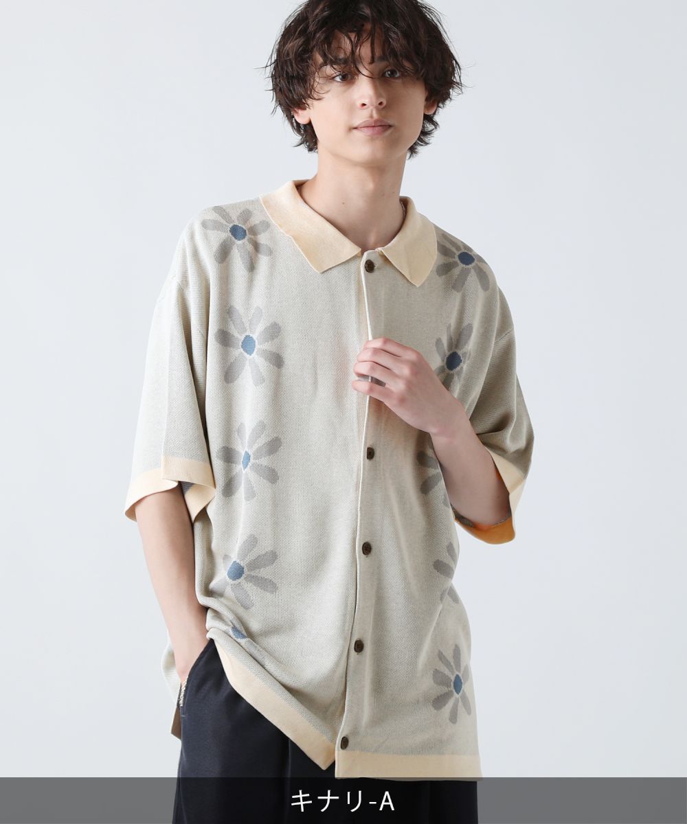 ニットポロ ポロシャツ シャツ メンズ ファッション 麻タッチ 5分袖 花