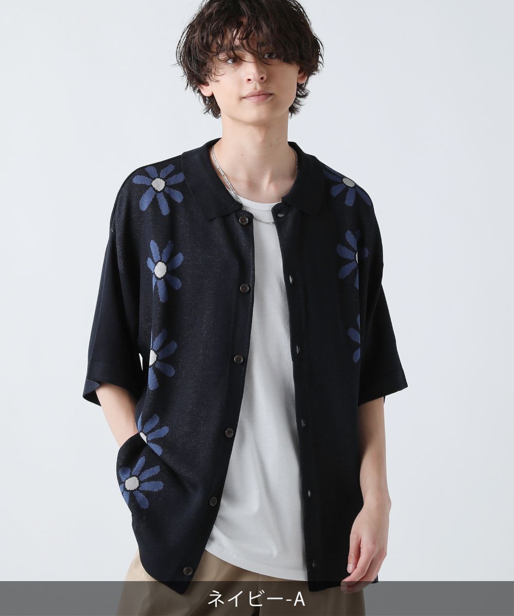 ニットポロ ポロシャツ シャツ メンズ ファッション 麻タッチ 5分袖 花