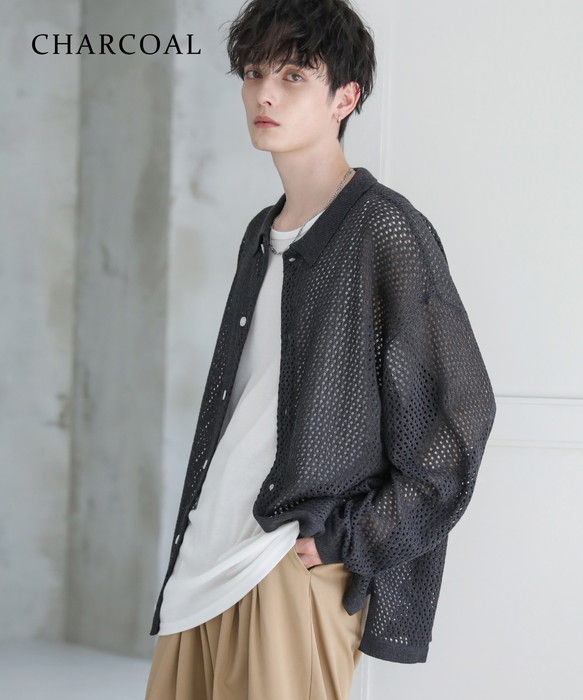 ニット シャツ メンズ クロシェ メッシュ 編み シアー長袖 S M L