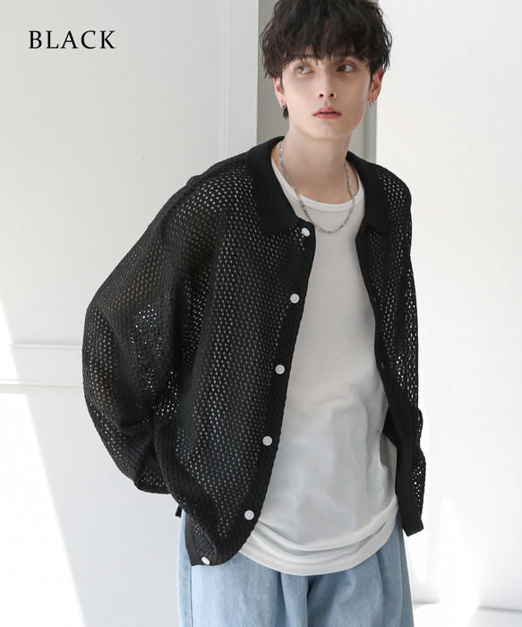 boohoo MAN★半袖 クロシェット ニット シャツ カーディガン ニット シャツ メンズ クロシェ メッシュ 編み シアー長袖 S M L
