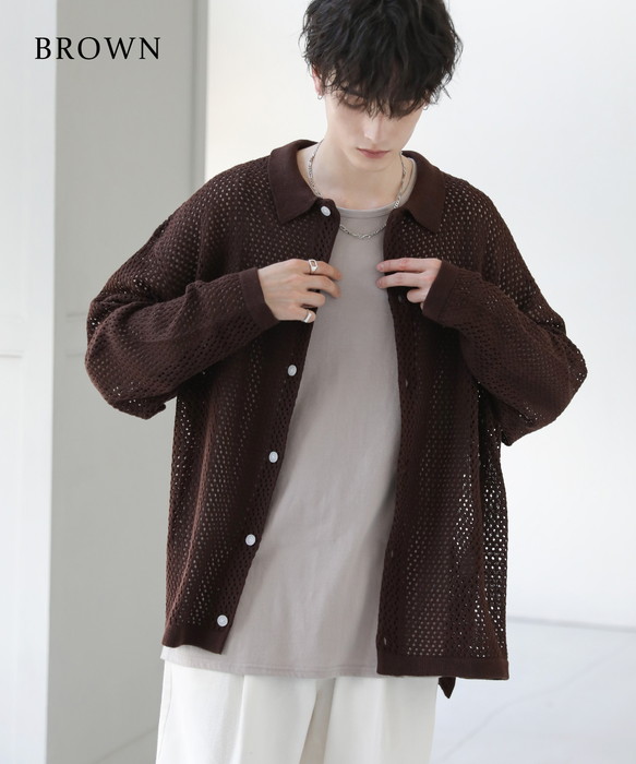boohoo MAN★半袖 クロシェット ニット シャツ カーディガン ニット シャツ メンズ クロシェ メッシュ 編み シアー長袖 S M L