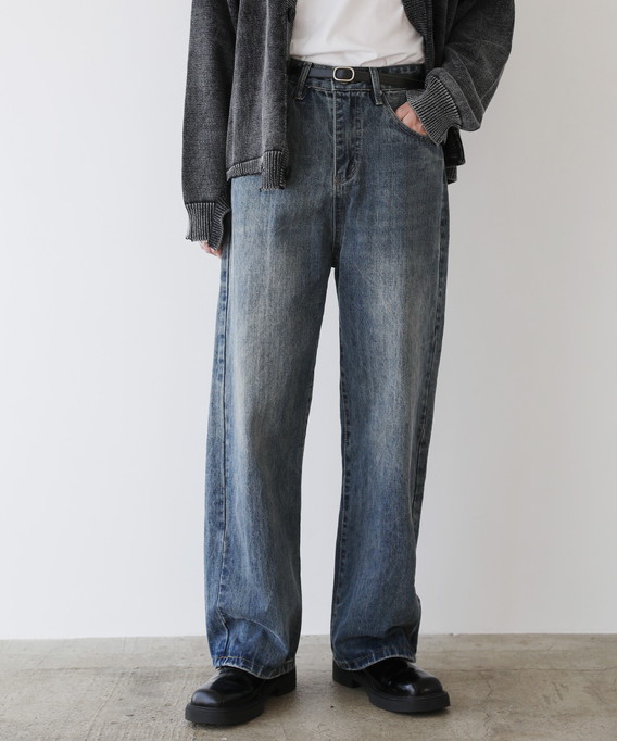 メンズ デニム パンツ ジーンズ ヴィンテージ 加工 縦落ち ワイド 