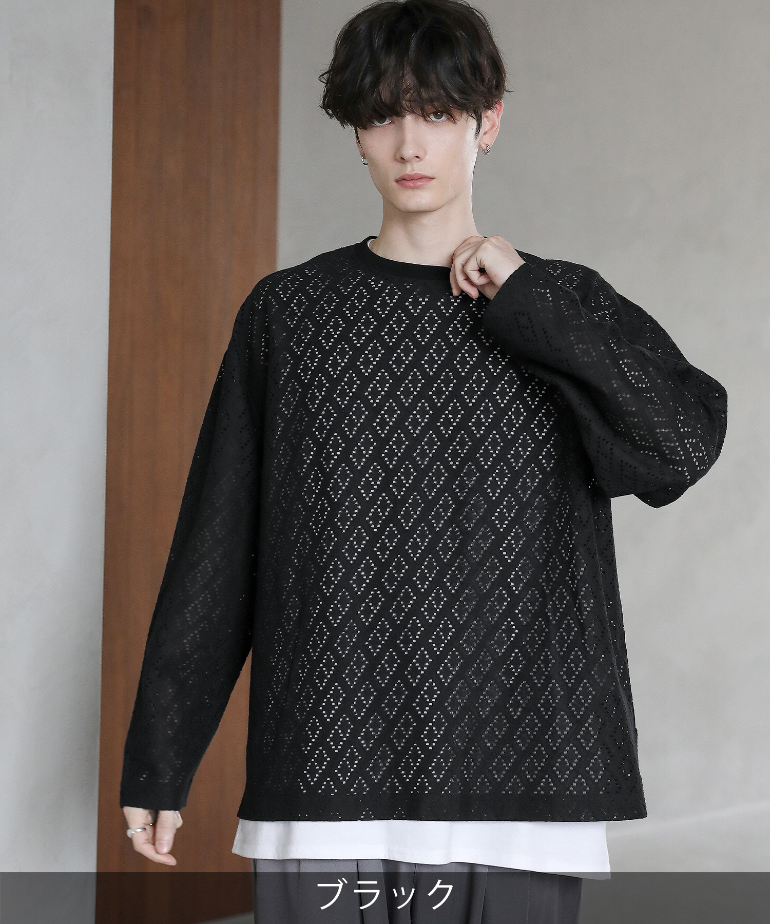 メンズ カットソー Tシャツ ルーズシルエット レース クルー プル