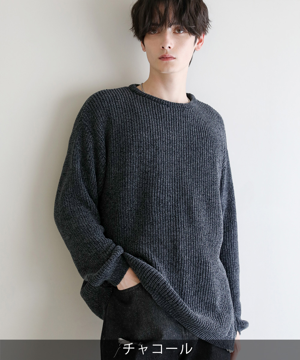 ニット メンズ モール ジャガード クルーネック 秋 冬 S M ブラック