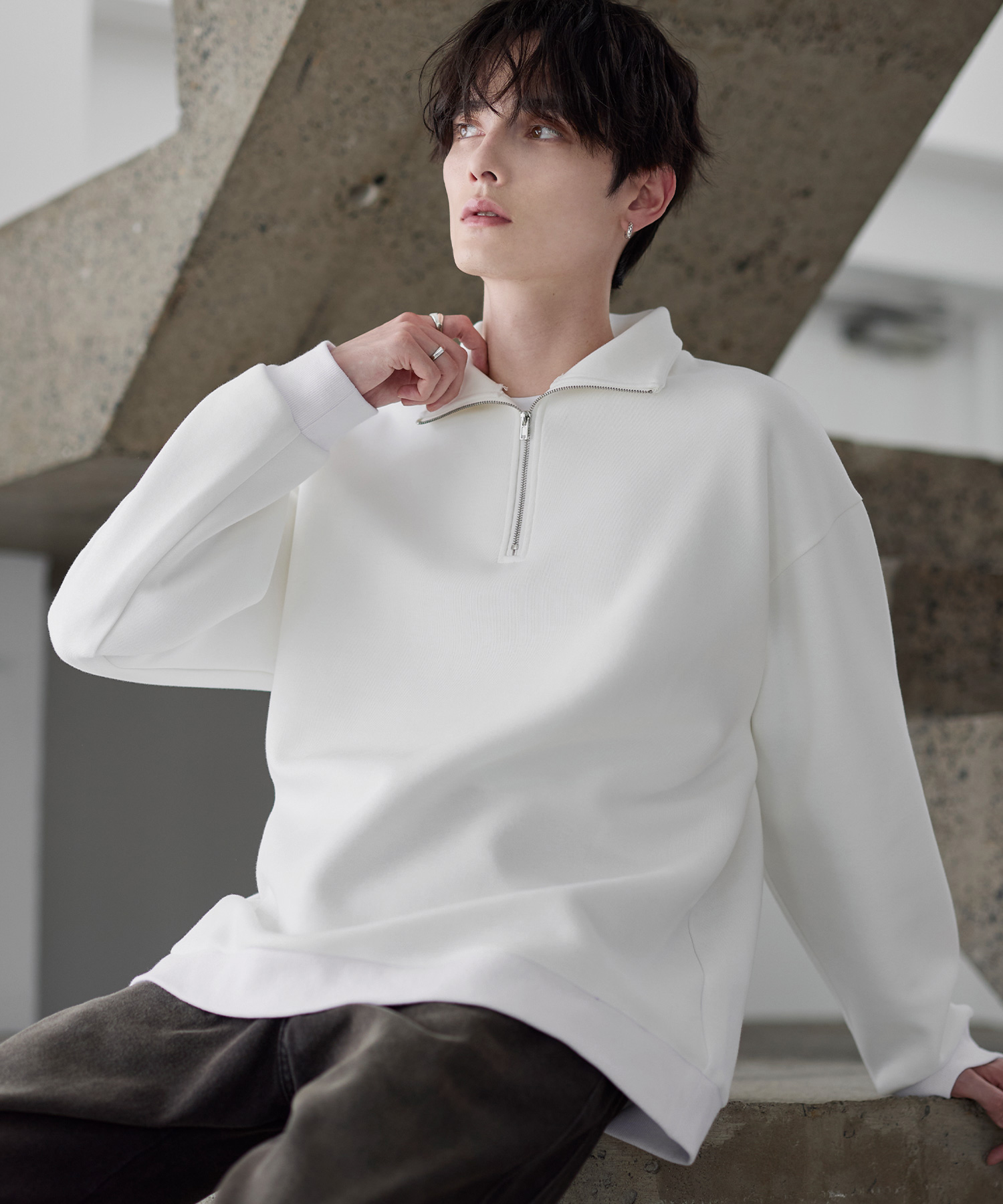 ハーフジップ メンズ トップス カットソー ポンチ イージーケア 秋 冬