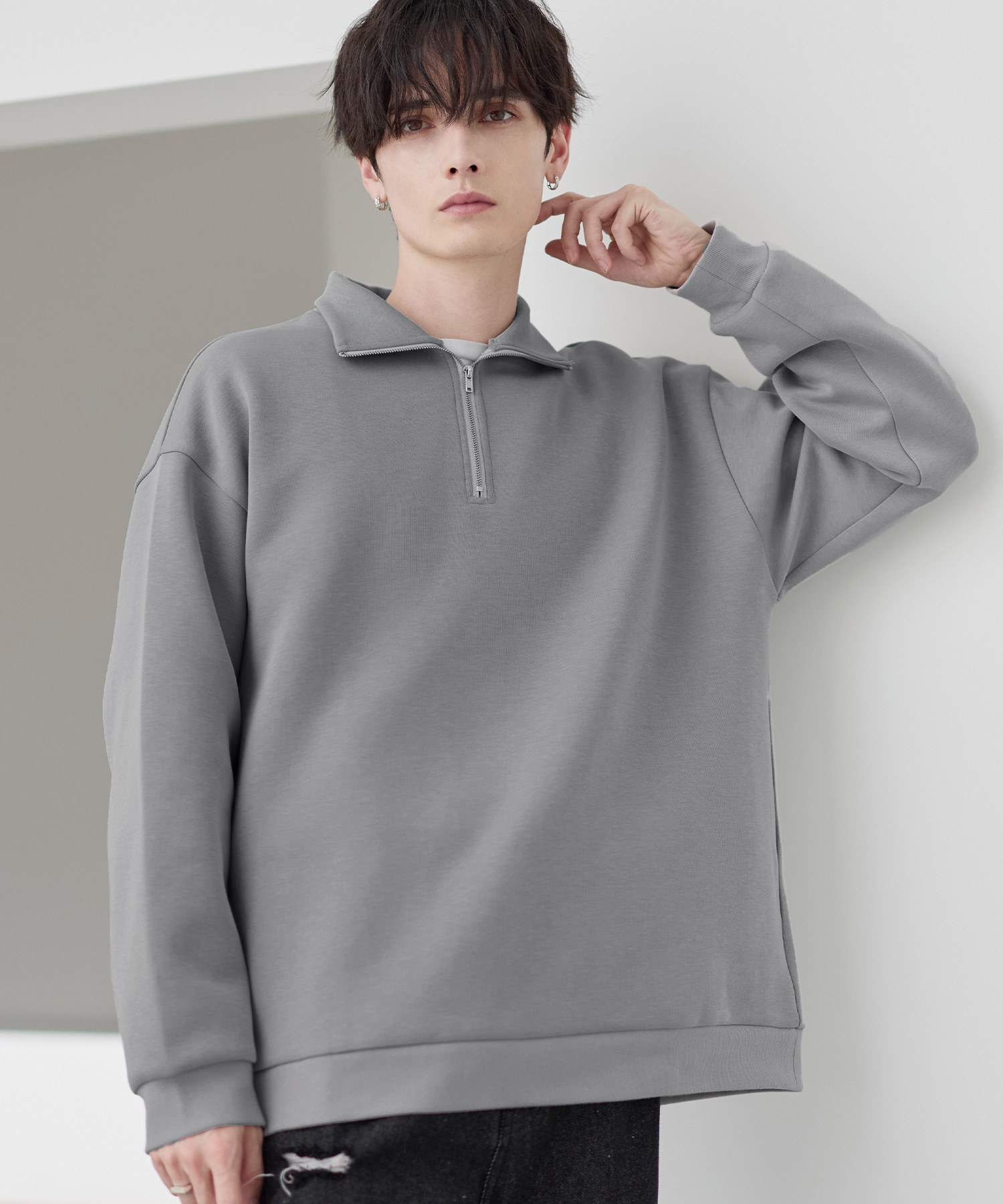 ハーフジップ メンズ トップス カットソー ポンチ イージーケア 秋 冬