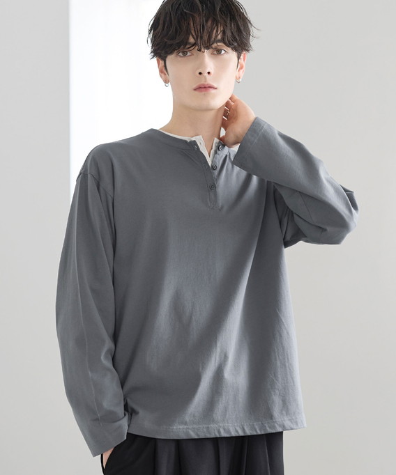 ASTRONOMY Tシャツ メンズ 春 夏 長袖 クルーネック ヘンリーネック 綿